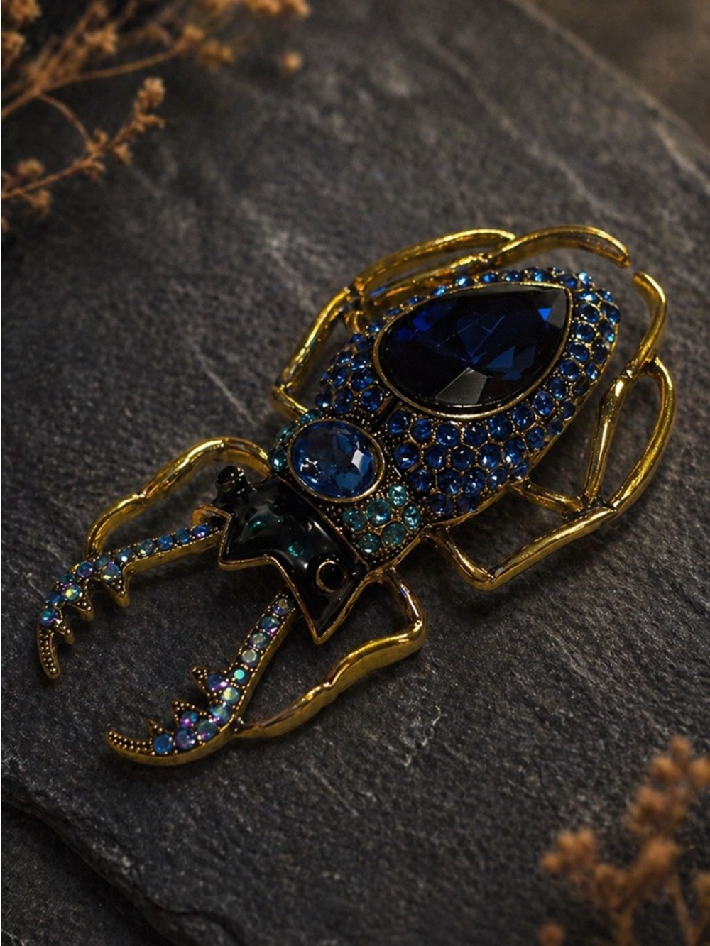 💙 Gold Tone Beetle Brooch Blue Rhinestone Statement Pin 2.5” NWOT